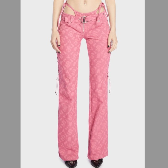 Print Monogram Denim Low Rise Lace Up Jeans with Dick Dollar Print Denim Thong - Picture 2 of 8